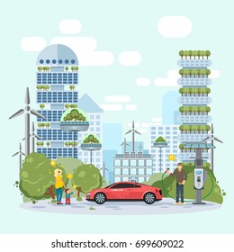  Electric car and alternative energy sources.  Happy family in the background of modern buildings. Friendly eco concept to save earth idea. Vector illustration