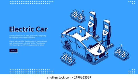 Electric car banner. Automobile on charger station with plug in cable and solar panels. Landing page of modern vehicle with energy battery with isometric illustration of charging suv car