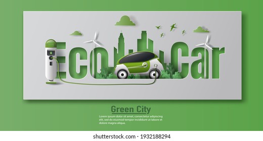 Electric car banner design with EV charger station in a modern city, save the planet and energy concept, paper illustration, and 3d paper.