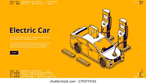 Electric car banner. Modern vehicle on charger station with plug in cable. Landing page of automobile with energy battery with isometric illustration of charging suv car