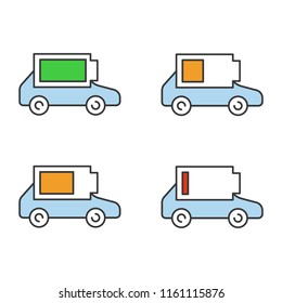 Electric car battery charging color icons set. Automobile battery level indicator. High, middle and low charge. Eco friendly auto. Isolated vector illustrations