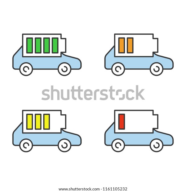 Electric car battery charging color\
icons set. Automobile battery level indicator. High, middle and low\
charge. Eco friendly auto. Isolated vector\
illustrations