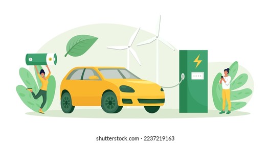 Carga de la batería del coche eléctrico en la estación de recarga eléctrica, turbinas eólicas en segundo plano. Vehículo de energía alternativa. Transporte futurista. Usa el poder verde. Atención ambiental, fuentes renovables