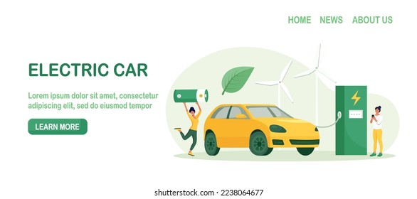 Electric Car Battery Charging at Electric Recharge Station, Wind Turbines in the Background. Alternative Energy Vehicle. Futuristic Transport. Use Green Power. Environmental Care, Renewable Sources