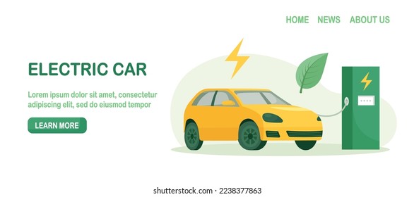 Carga de la batería del coche eléctrico en la estación de recarga eléctrica, turbinas eólicas en segundo plano. Vehículo de energía alternativa. Transporte futurista. Usa el poder verde. Atención ambiental, fuentes renovables