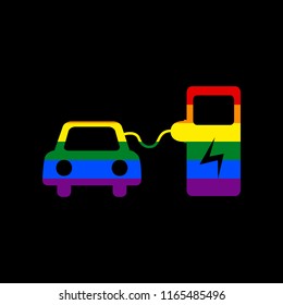 Electric car battery charging sign. Vector. Icon with colors of LGBT flag at black background.