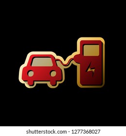 Electric car battery charging sign. Vector. Red icon with small black and limitless shadows at golden sticker on black background.
