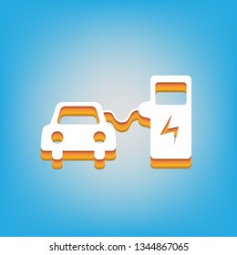 Electric car battery charging sign. Vector. White icon with 3d warm-colored gradient body at sky blue background.