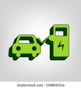 Electric car battery charging sign. Vector. Yellow green solid icon with dark green external body at light colored background.