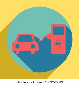 Electric car battery charging sign. Sunset orange icon with llapis lazuli shadow inside medium aquamarine circle with different goldenrod shadow at royal yellow background.