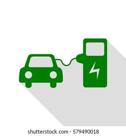 Electric car battery charging sign. Green icon with flat style shadow path.