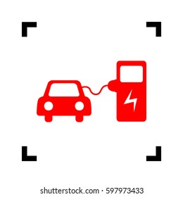 Electric car battery charging sign. Vector. Red icon inside black focus corners on white background. Isolated.