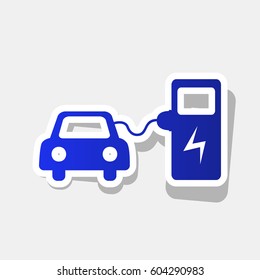 Electric car battery charging sign. Vector. New year bluish icon with outside stroke and gray shadow on light gray background.