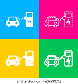 Electric car battery charging sign. Four styles of icon on four color squares.