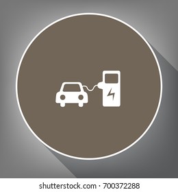 Electric car battery charging sign. Vector. White icon on brown circle with white contour and long shadow at gray background. Like top view on postament.