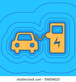 Electric car battery charging sign. Vector. Sand color icon with black contour and equidistant blue contours like field at sky blue background. Like waves on map - island in ocean or sea.