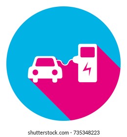 Electric car battery charging sign. Vector. Flat white icon with mexican pink shadow inside sky blue(S and G) circle at white background. Isolated. Trend colors in 2017.