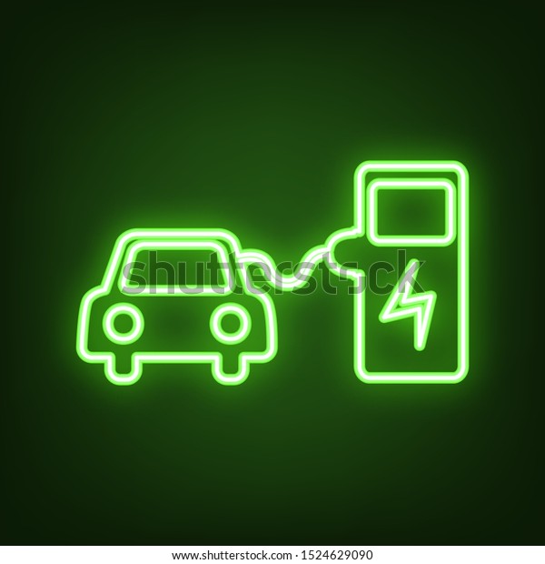 Electric car battery charging\
sign. Green neon icon in the dark. Blurred lightening.\
Illustration.