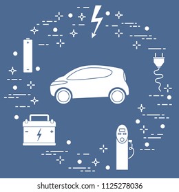 Electric car, battery, charging station, electrical safety sign, cable, electrical plug. New transport eco technologies. 