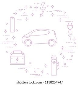 Electric car, battery, charging station, electrical safety sign, cable, electrical plug. New transport eco technologies. 