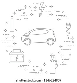Electric car, battery, charging station, electrical safety sign, cable, electrical plug. New transport eco technologies. 