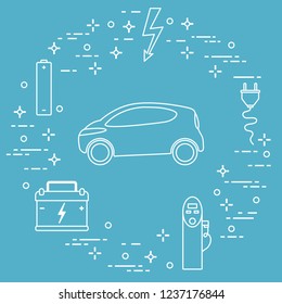 Electric car, battery, charging station, electrical safety sign, cable, electrical plug. New transport eco technologies. 
