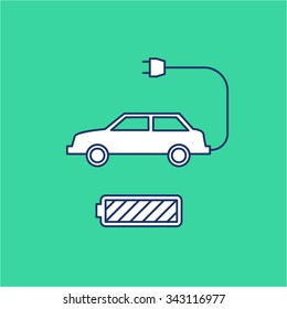 Electric car and battery ecology and environment vector icon and infographic blue and white on green background