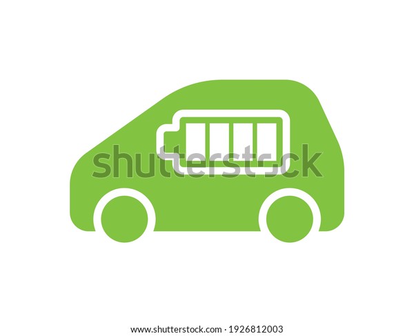 Electric car with battery indicator
charging level icon symbol, Green hybrid vehicles battery full
status, Eco energy friendly vehicle concept, Vector
illustration