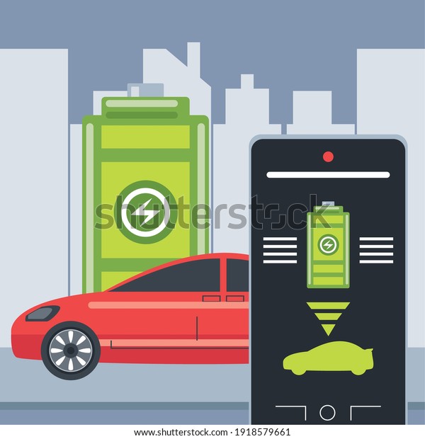 electric car battery level smartphone\
control application vector\
illustration
