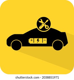 Electric car battery repair sign. EV cell replacement. Hybrid vehicle troubleshooting. Lithium ion chemical charging automobile icon. Auto maintenance mechanic garage. Black yellow vector illustration