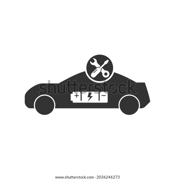 Electric car battery repair sign. EV cell\
replacement. Hybrid vehicle troubleshooting. Lithium ion chemical\
charging automobile icon. Auto maintenance mechanic garage. Black\
white vector\
illustration.