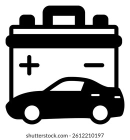 Electric car and battery solid icon, Energu power gear concept. Vector graphics. Automobile energy container sign on white background, style mobile or design