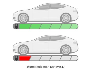 Electric car with battery status indicator. Electromobility concept. Side view. Flat vector.
