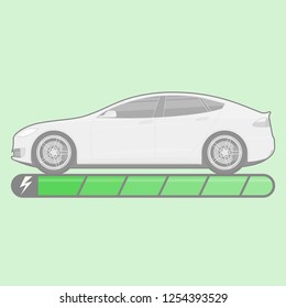 Electric car with battery status indicator. Electromobility concept. Side view. Flat vector.