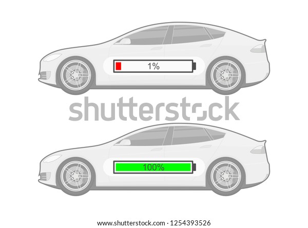 Electric car with battery status\
indicator. Electromobility concept. Side view. Flat\
vector.