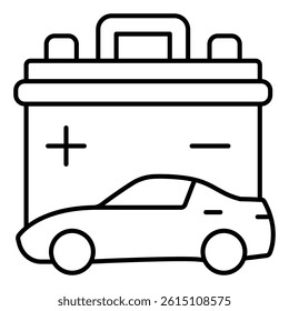 Electric car and battery thin line icon, Energu power gear concept. Vector graphics. Automobile energy container sign on white background, linear style mobile or design