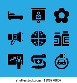 electric car, bed, worldwide, presentation, pharmacy, megaphone, flower, medicine and presentation vector icon. Simple icons set
