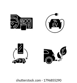 Electric car benefits black glyph icons set on white space. Smart control panel, smartphone integration, eco friendly energy and EV tax credit silhouette symbols. Vector isolated illustrations