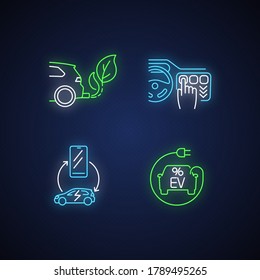 Electric car benefits neon light icons set. Smart control panel, smartphone integration, eco friendly energy and EV tax credit signs with outer glowing effect. Vector isolated RGB color illustrations