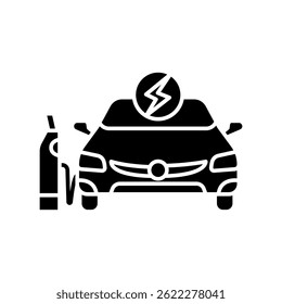 Electric car black flat icon. Vector isolated element. 