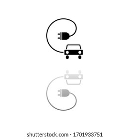 Electric Car. Black symbol on white background. Simple illustration. Flat Vector Icon. Mirror Reflection Shadow. Can be used in logo, web, mobile and UI UX project