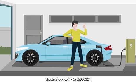 Electric car blue color charging at the house.  View of cars from the beside with With the driver standing and raising his hand in front of congratulations. 