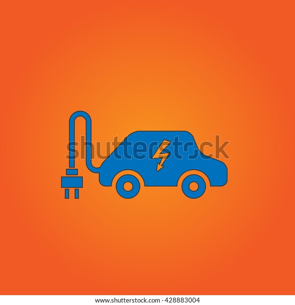 Electric car. Blue flat icon with black stroke on\
orange background. Collection concept vector pictogram for\
infographic project and\
logo