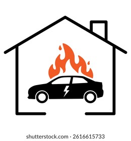 Electric car burning inside house garage icon. fire hazard symbol