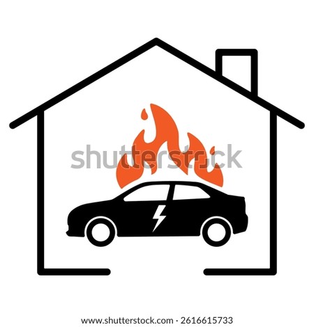 Electric car burning inside house garage icon. fire hazard symbol