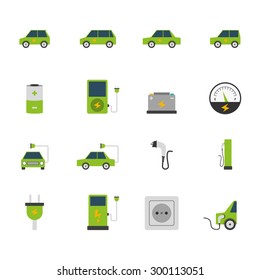 Electric car bus charging station and socket green flat color icon set isolated vector illustration