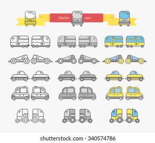 Electric car bus concept design linear. Transport and electric car charging, electric vehicle, hybrid car, transportation vehicle, power automobile, auto traffic, electrical energy illustration