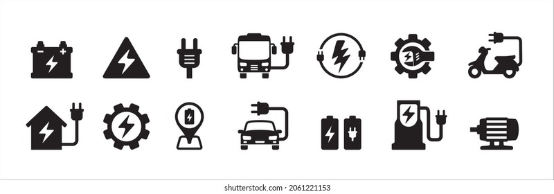 Electric car, bus, motorcycle vector icon set. Renewable electric power vehicle icons illustration. Contain icon such as car, location symbol, motor, charging station, maintenance and repair
