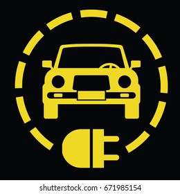 electric car with cable plug in yellow color isolated on black background