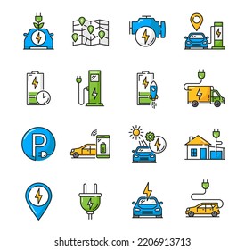 Electric car charge color icons. EV vehicle battery power recharge hybrid car charging station outline vector icons set with charging stations map, power plug and electric automobile engine symbols